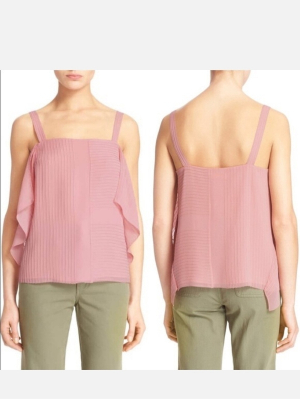 Tory Burch Silk Pintuck Fleur Ruffle Pink Tank Top Blouse Size 10